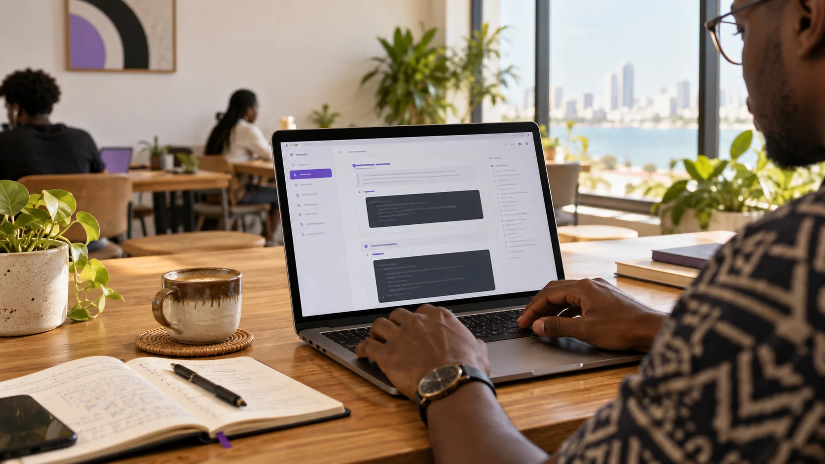 A Tanzanian developer consulting API reference notes at a shared workspace