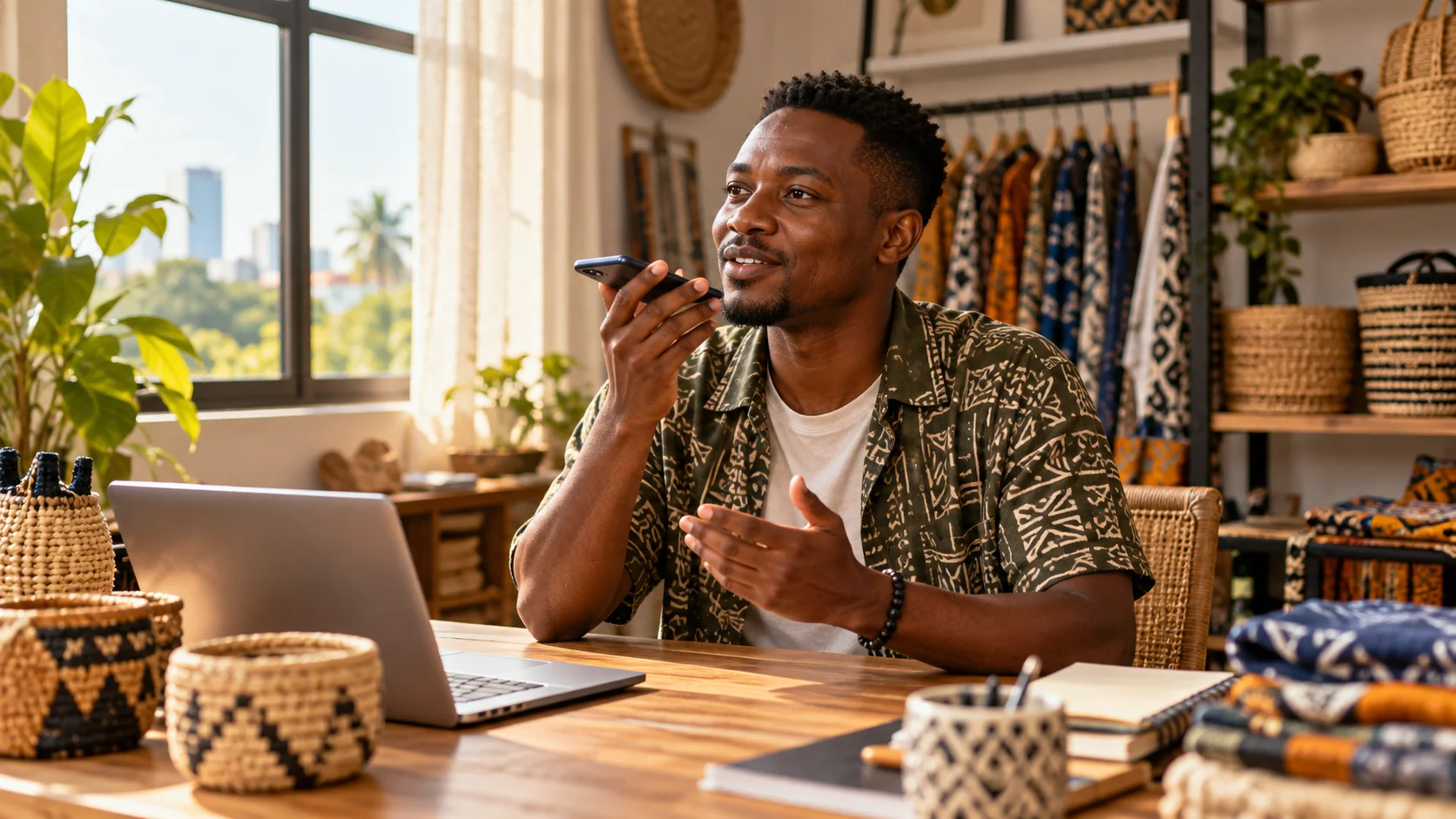 A Tanzanian small-business owner speaking a voice note into his phone in a warm, sunlit workspace