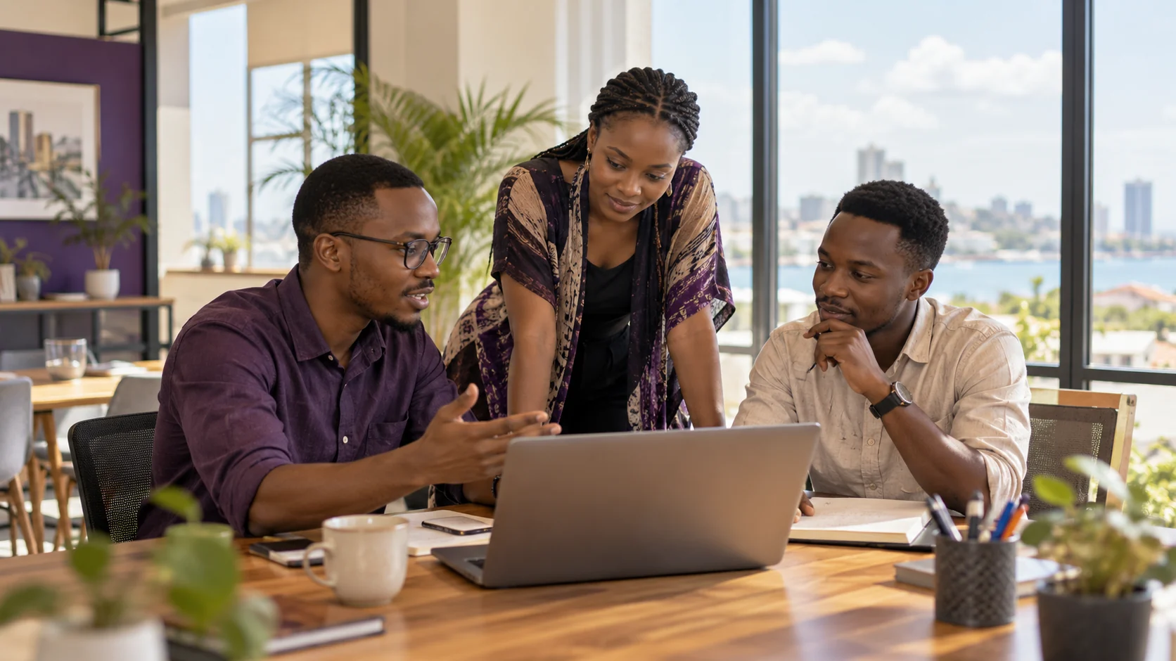 Tanzanian technology team discussing a product in a Dar es Salaam workspace